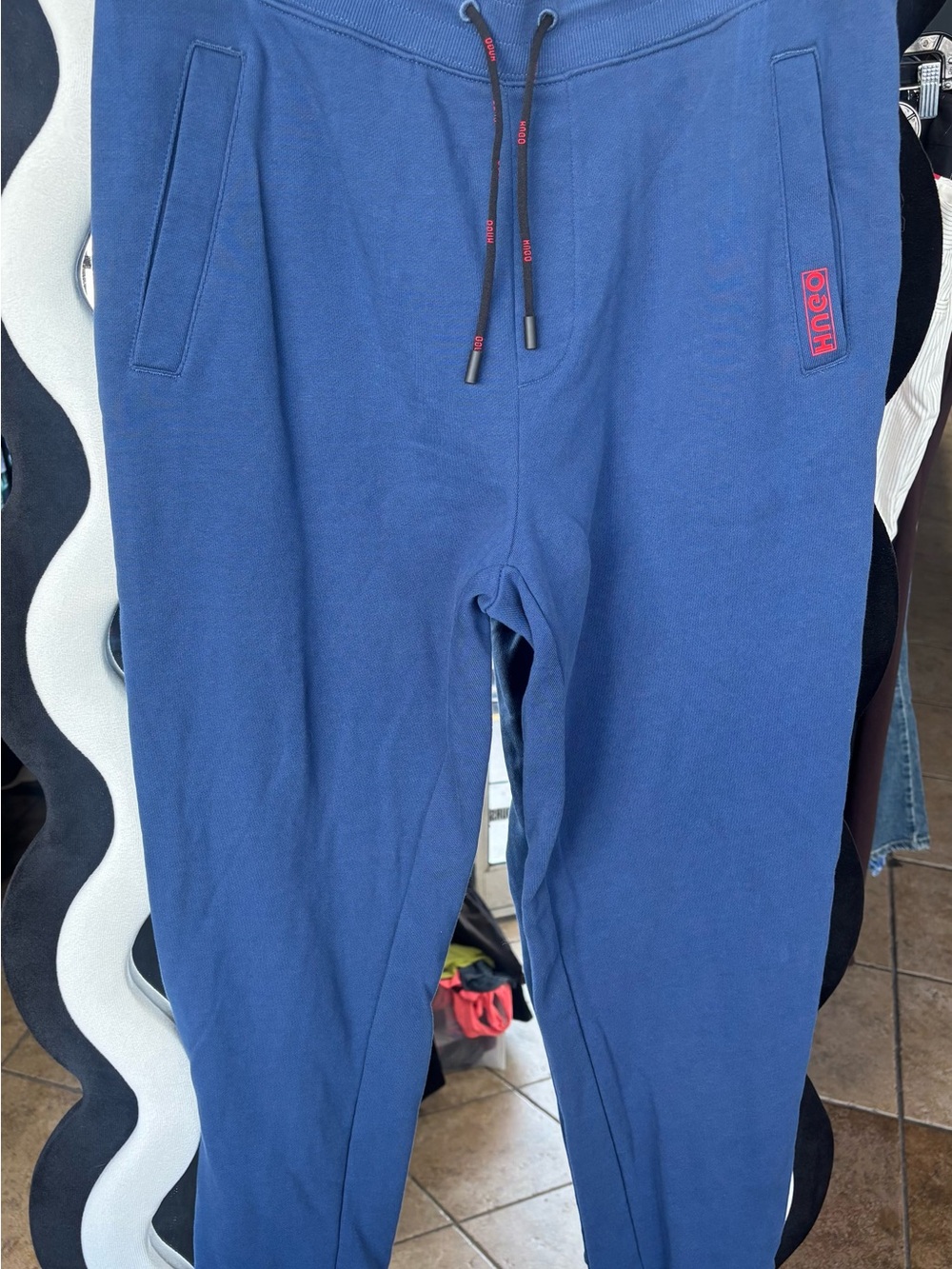 HUGO Navy Blue Sweatpants with Red Logo